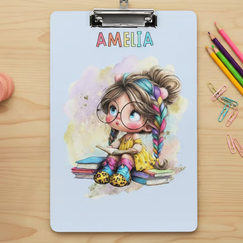 Personalized Cartoon Reading Girl Acrylic Clipboard with Name Back to School Birthday Gift for Students