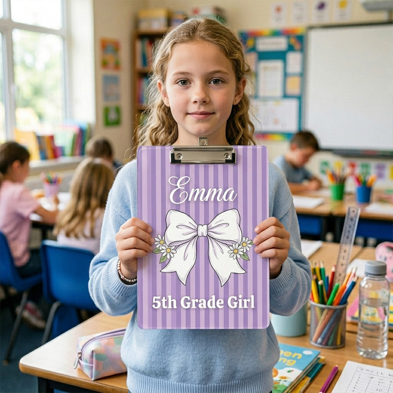 Personalized Lavender Stripe White Bow Name Grade Back To School Pretty Classroom Gift For 5th Grade Girl Children Clipboard
