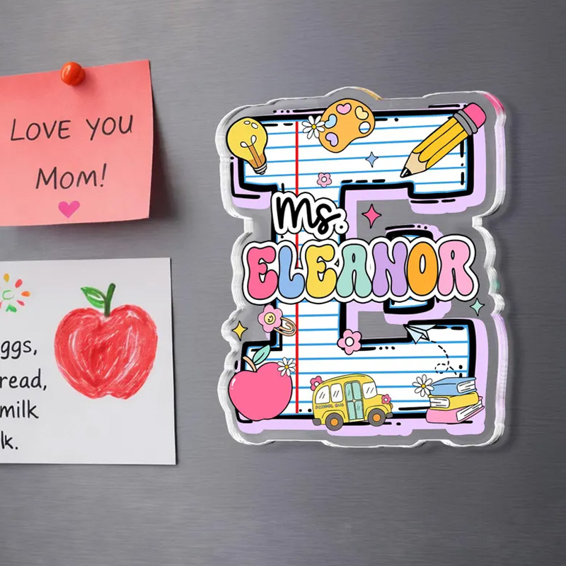 Personalized Colorful Teacher Classroom Doodle Letters Pencil Apple Book Crayon Name Initial Refrigerator Magnets