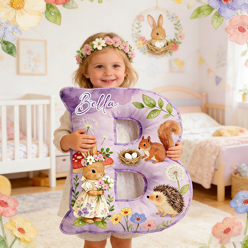 Personalized Woodland Animal Theme Custom Name Cute Bunny Hedgehog and Squirrel Pattern 3D Print Pillow