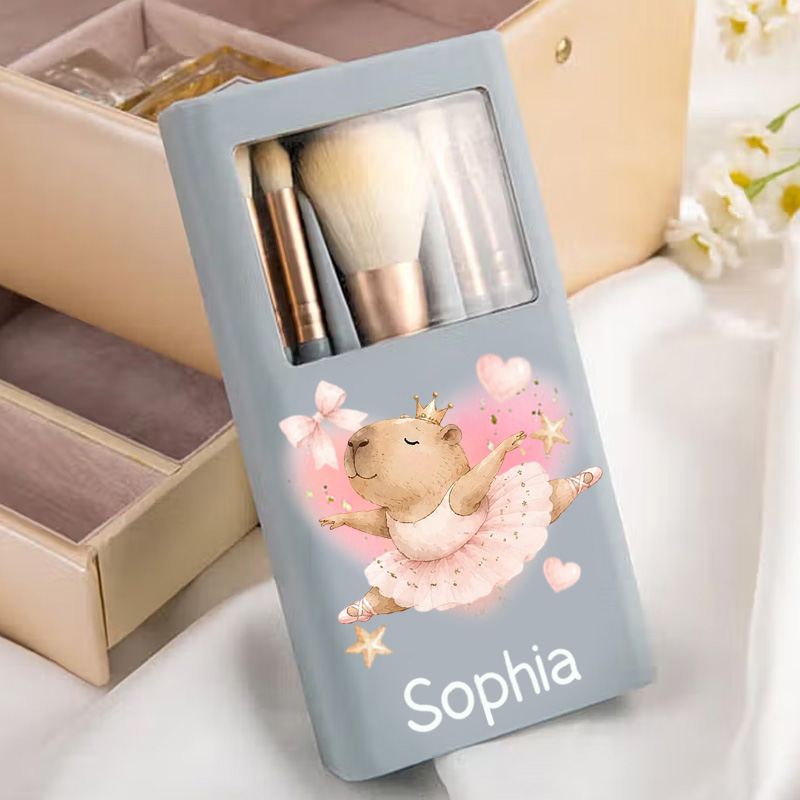 Personalized Cute Capybara Ballerina Pink Floral Tutu Dance Lover Gift Travel Organizer With Mirror Makeup Brushes Box Set