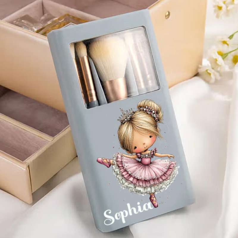 Personalized Cute Blonde Ballerina Girl Pink Tutu Floral Sparkle Dance Lover Gift Travel Organizer Makeup Brushes Box Set