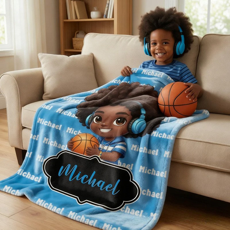 Personalized Cute Cartoon Little Black Boy Soft Throw Blanket with Name Home Decor Birthday Anniversary Gift for Boys