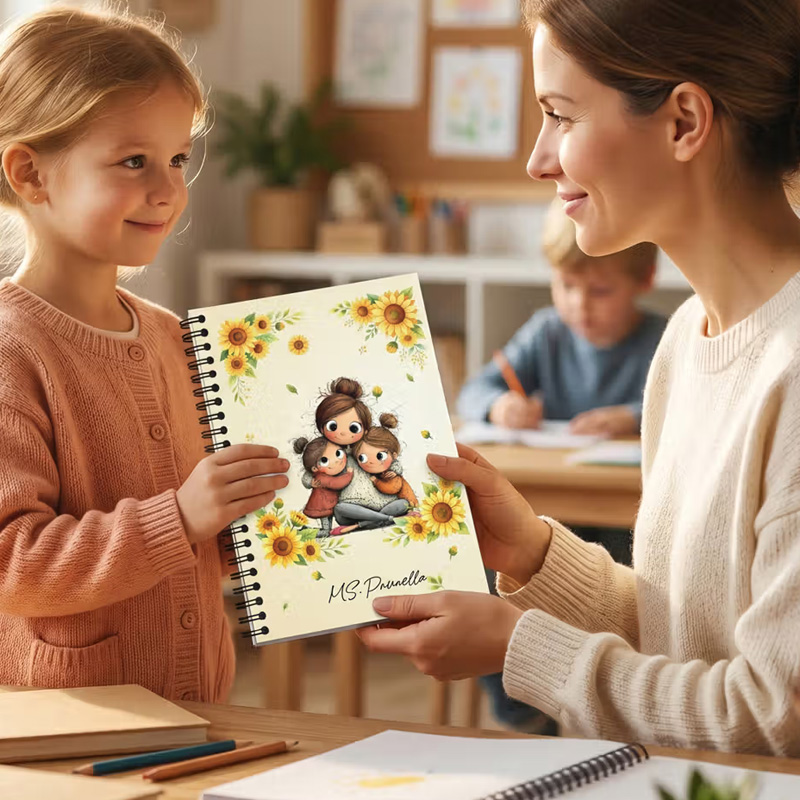 Personalized Birth Flower Cartoon Teacher Character Spiral Notebook with Text Daily Use Teacher's Day Birthday Gift for Teachers
