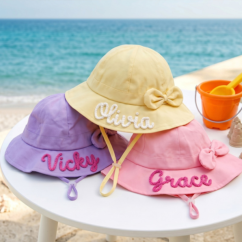 Personalized Embroidered Name Pastel Bucket Style Beach Pool Protection Adjustable Wide Brim Kids Sun Hat With Bow
