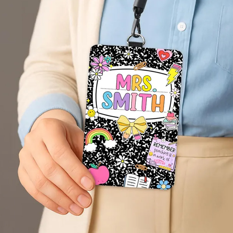 Personalized Retro Composition Notebook Style Classroom Name Tag Cute Rainbow And School Icons For Educators Teacher Badge Holder