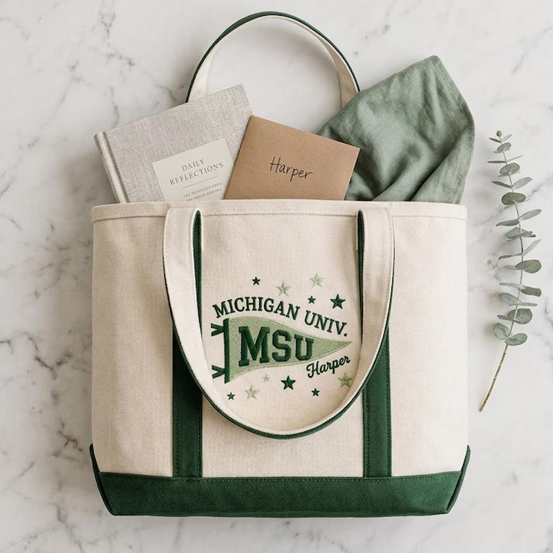 Personalized Embroidered Pennant Flag Univ Campus Style Canvas Shoulder Carryall College Student Library Essential Tote Bag