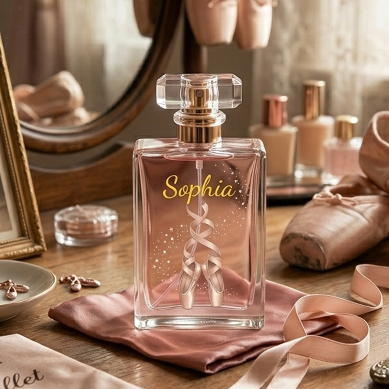Personalized Elegant Rose Gold Ballet Slippers Sparkle Confetti Name Script Keepsake Dancer Gift Decor Perfume Bottle