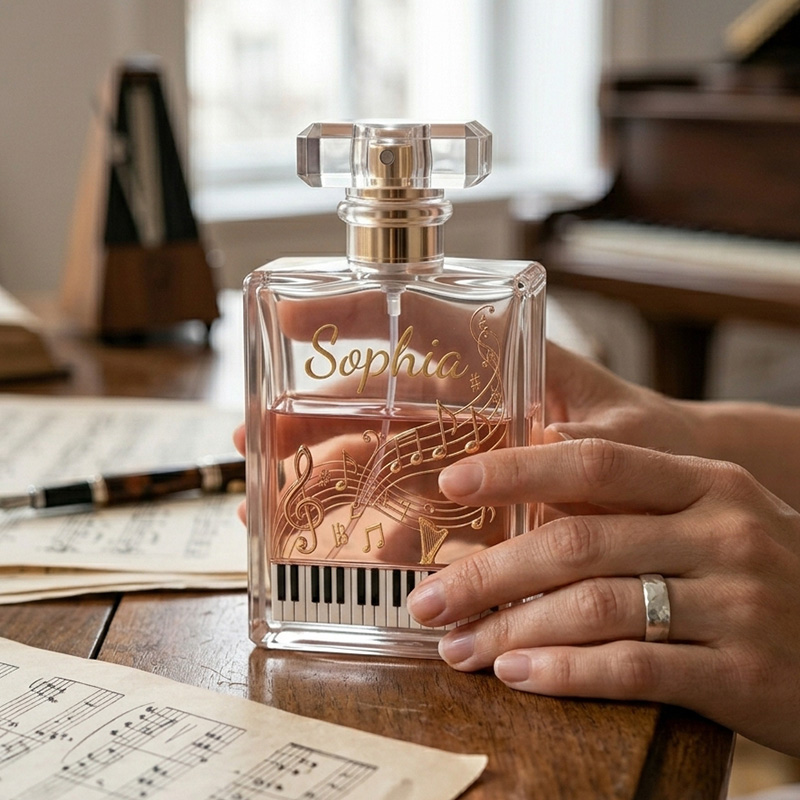 Personalized Classical Music Notes Piano Keys Rose Gold Elegant Script Name Orchestra Lover Gift Perfume Bottle