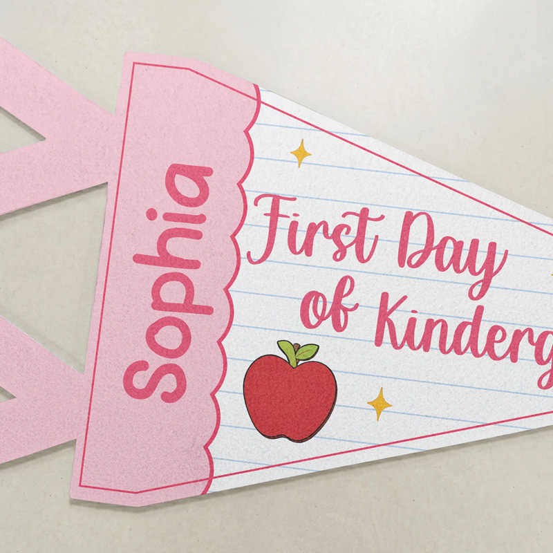 Personalized First Day Of School Apple Motif Pink Polka Dot Classroom Photo Prop Kids Name Milestone Keepsake Pennant