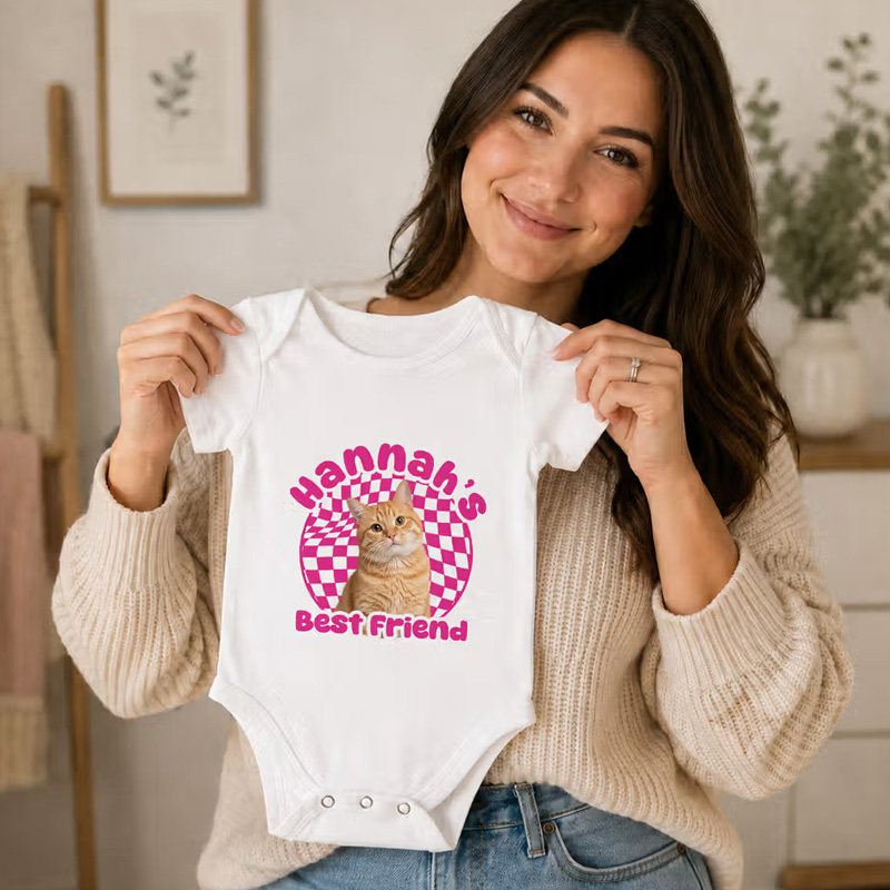 Personalized Best Friend Checkerboard Pattern Pet Photo 100% Cotton Baby Bodysuit with Name Baby Shower Birthday Gift for Daughter Son