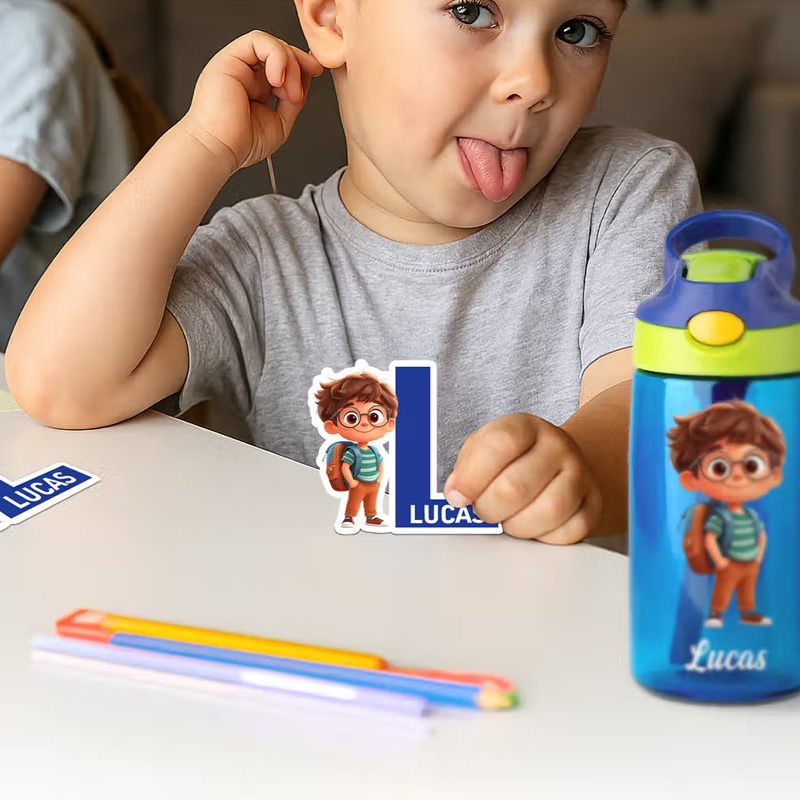 Personalized Cartoon Character Waterproof Labels Stickers with Initial and Name Birthday Back to School Gift for Boys Girls