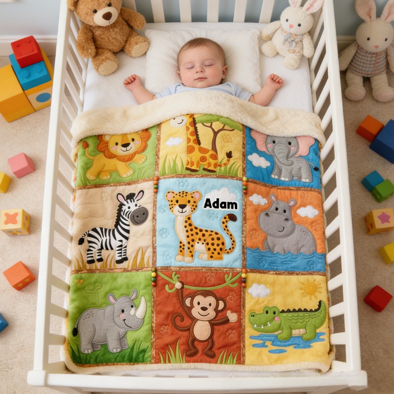 Personalized Jungle Animal Theme Custom Name Cute Safari Lion Giraffe Elephant Monkey Blanket