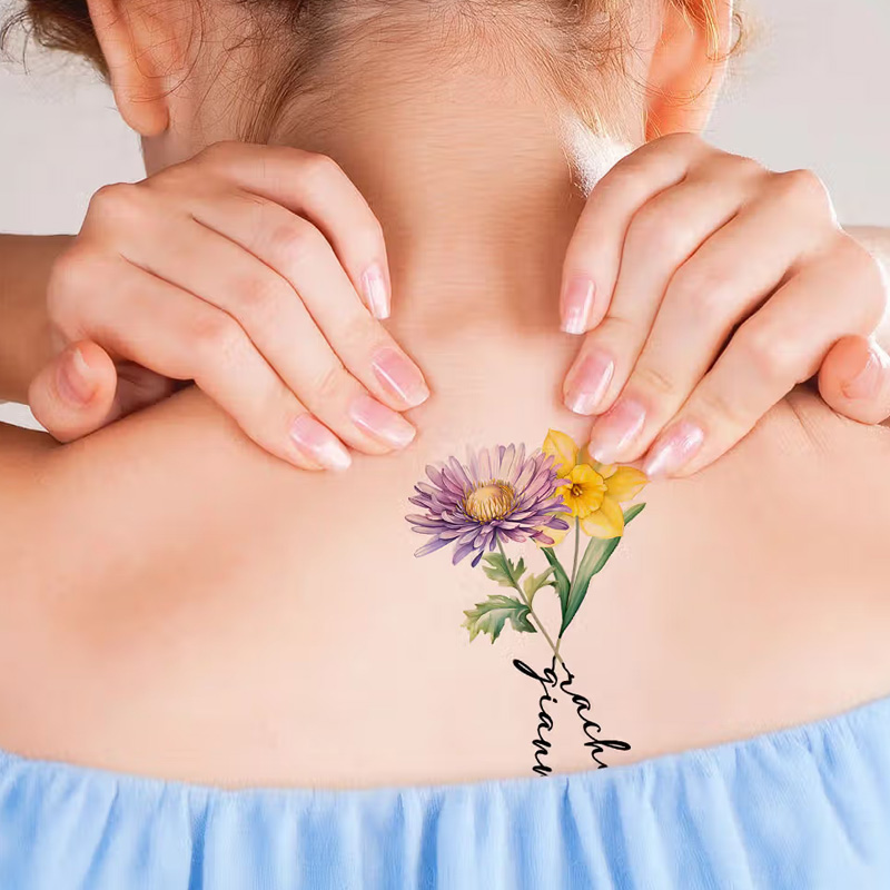 Personalized 1-3 Watercolor Birth Flower Waterproof Non-toxicity Temporary Tattoo Stickers with Name Holiday Gift for Besties Tattoo Lovers