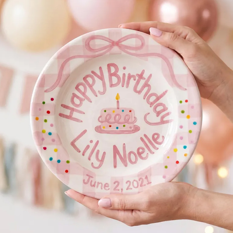 Personalized Pink Birthday Cake Bow Confetti Cute Kids Keepsake Nursery Table Display Ceramic Plate Design