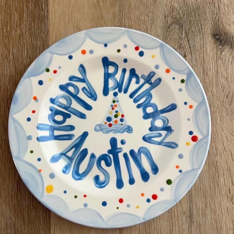Personalized Blue Party Hat Confetti Happy Birthday Boy Kids Celebration Table Display Keepsake Ceramic Plate Design