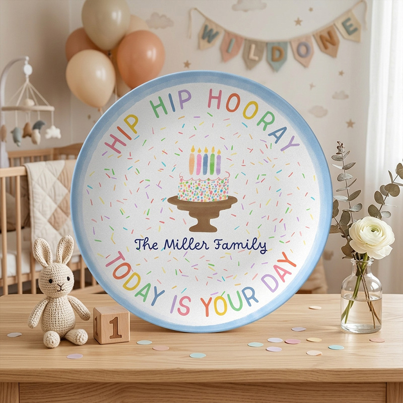 Personalized Hip Hip Hooray Today Is Your Day Rainbow Sprinkles Family Celebration Birthday Keepsake Ceramic Plate Design