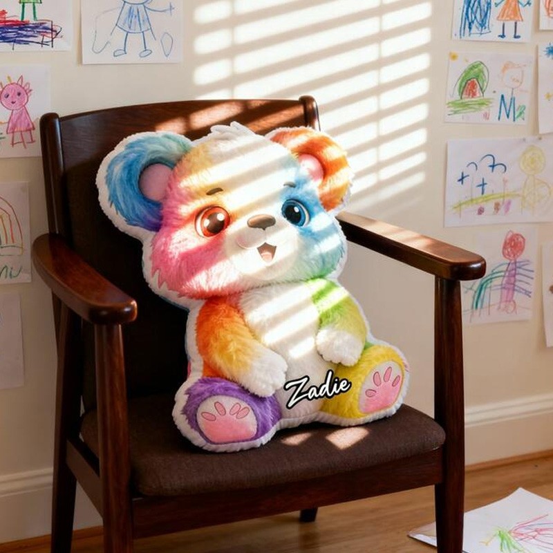 Personalized Cute Teddy Theme Custom Name Bright Colorful Rainbow Bear Pattern 3D Print Pillow