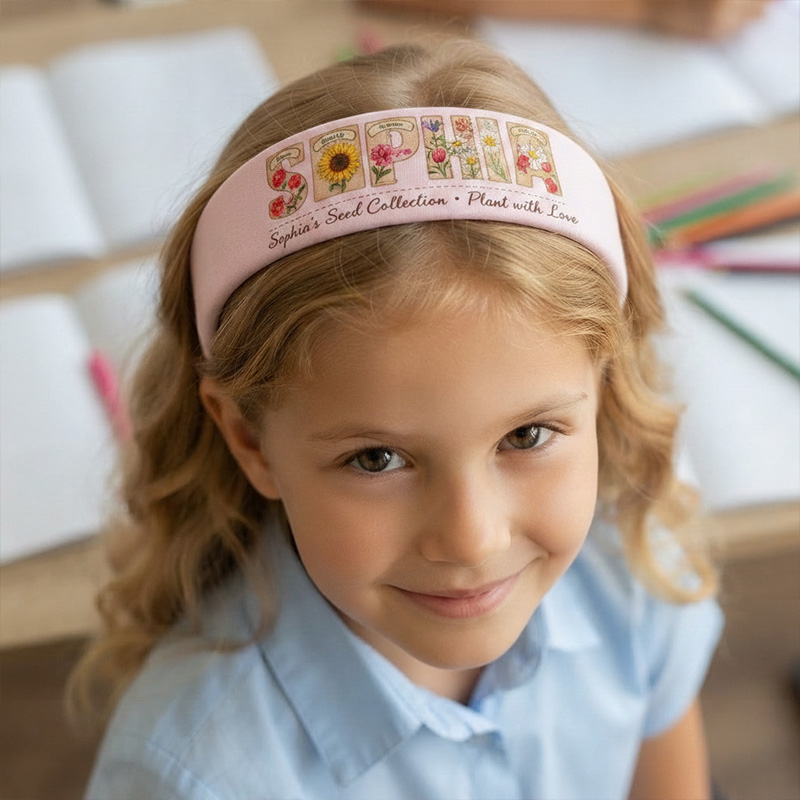 Personalized Autumn Floral Name Kids Headband Woodland Fall Themed Soft Stretch Girls Hair Accessory Design