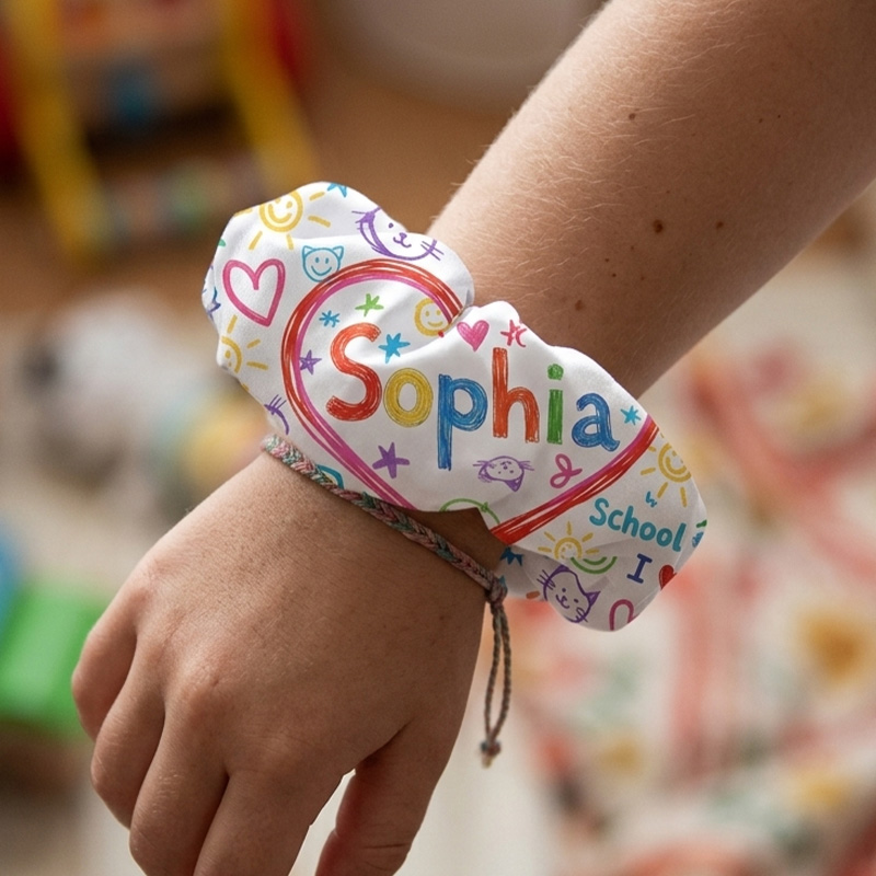 Personalized Back To School Name Print Colorful Doodle Hearts Stars Smiley Faces Cute Classroom Style Girl Hair Scrunchie