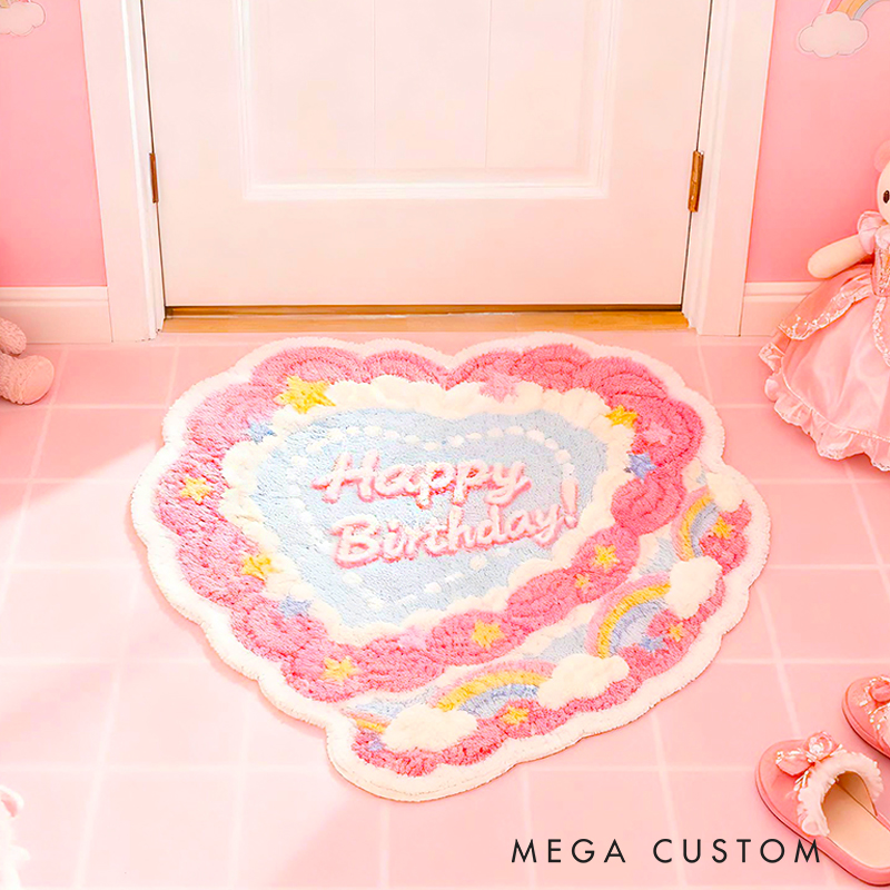 Personalized Heart Cake Custom Name Soft Decorative Gift Sweet Birthday Style Cozy Bedroom Pink Cream Lovely Pastel Colorful Cute Celebration Graphic Carpet Rug for Kids