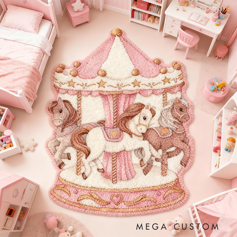 Personalized Carousel Horse Custom Name Soft Decorative Gift Magical Fairytale Style Cozy Nursery Pink Dream Lovely Ride Sweet Princess Room Graphic Carpet Rug for Kids