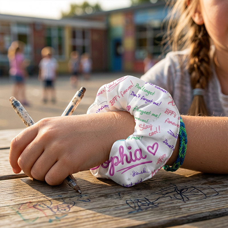Personalized Name Autograph Pattern Best Friends Forever Messages Colorful Doodles Fun School Memories Girl Hair Scrunchie