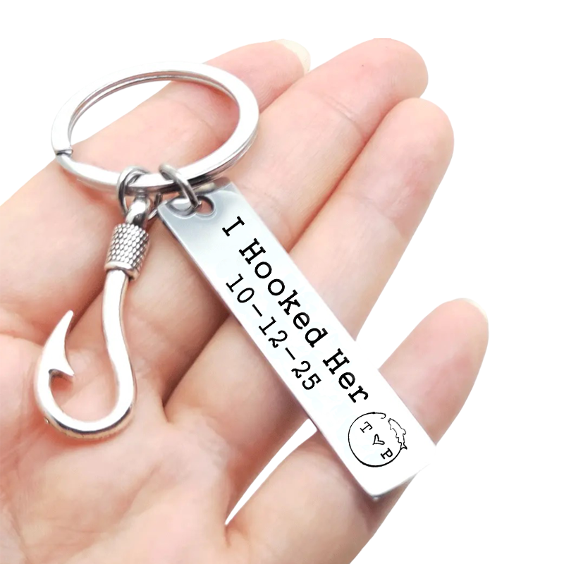 Personalized Fishing Keychain He Caught Me and I Hooked Her Design Custom Time and Initials Romantic Gift for Couples and Fishing Lovers