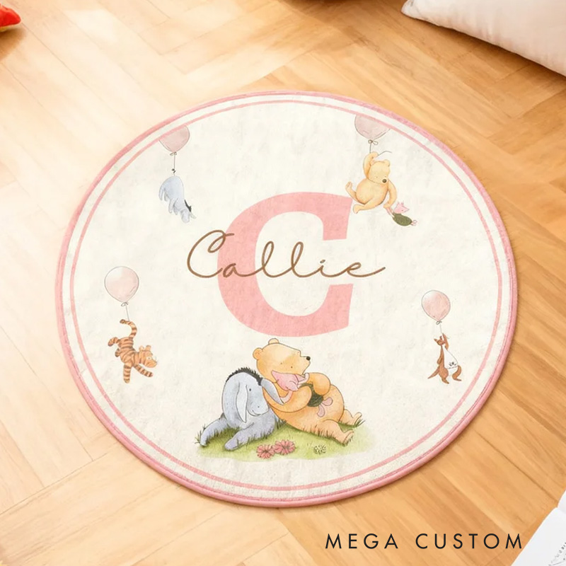 Personalized Classic Winnie the Pooh Initial Round Anti-Slip Coral Fleece Doormat Rug with Name Nursery Decor Baby Shower Birthday Gift for Kids