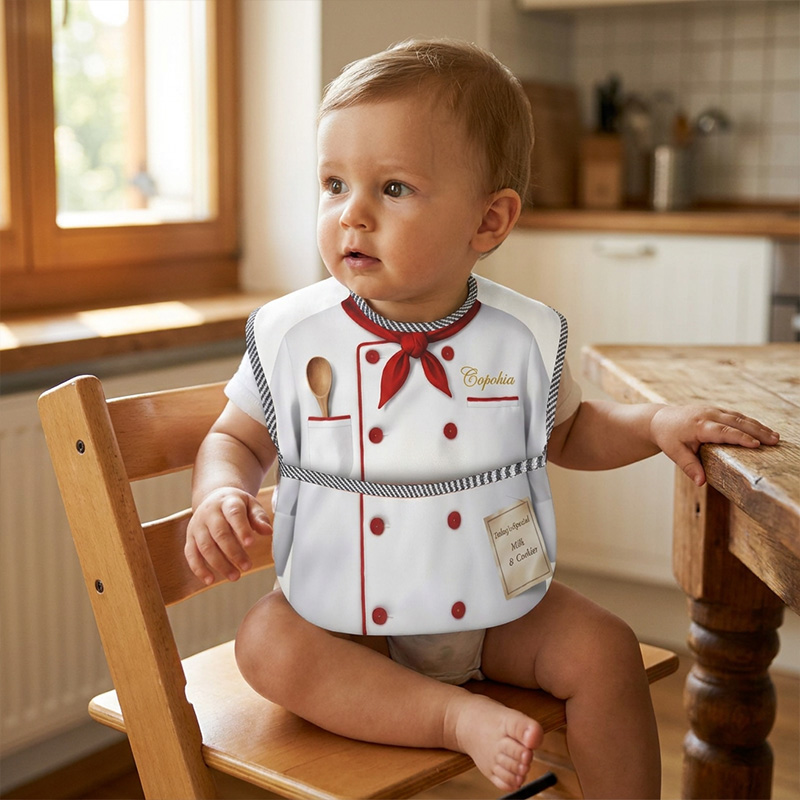 Personalized Little Chef Bib Name White Apron Printed Buttons Red Bow Wooden Spoon Cute Baby Boy Cooking Mealtime