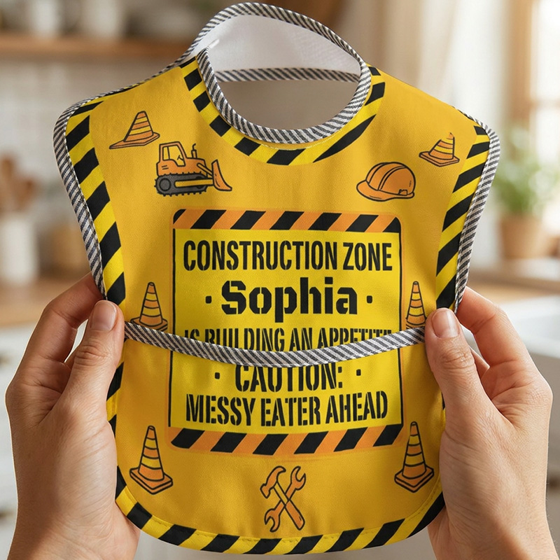Personalized Construction Zone Bib Name Caution Messy Eater Ahead Yellow Black Stripes Trucks Cones Baby Mealtime