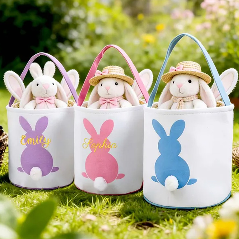 Personalized Easter Bunny Tail Theme Name Basket Cute Spring Gift Bag for Egg Hunt and Holiday Celebration