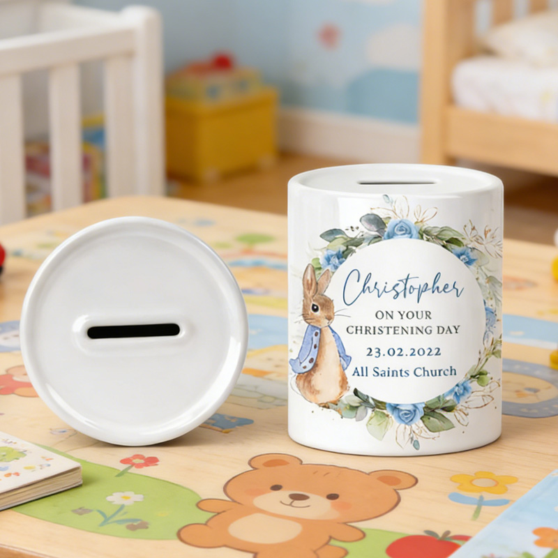 Personalized Bunny Wreath Theme Name Ceramic Money Box Baby Shower Gift Nursery Decor Bank