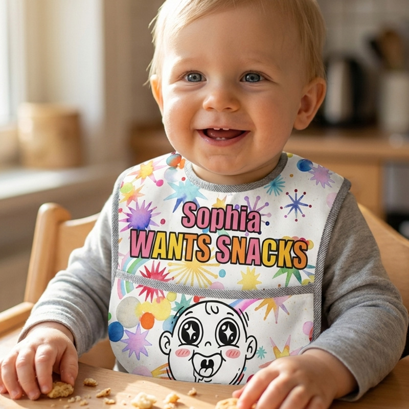 Personalized Wants Snacks Bib Name Cute Cartoon Baby Face Colorful Sta