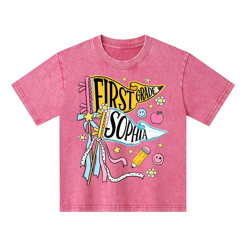 Personalized First Grade Pennant Name Back To School Cute Pastel Ribbons Stars Flowers Smiley Face Pencil Kid Washed T Shirt