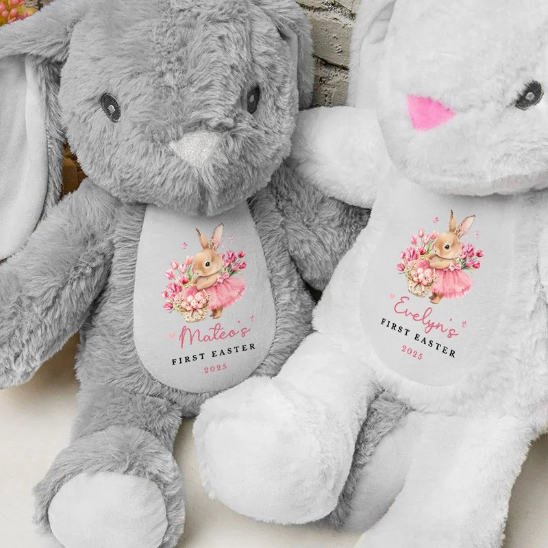 Personalized First Easter Cute Bunny Plush Stuffed Animal Toy with Name and Year Holiday Baby Shower Gift for Boys Girls
