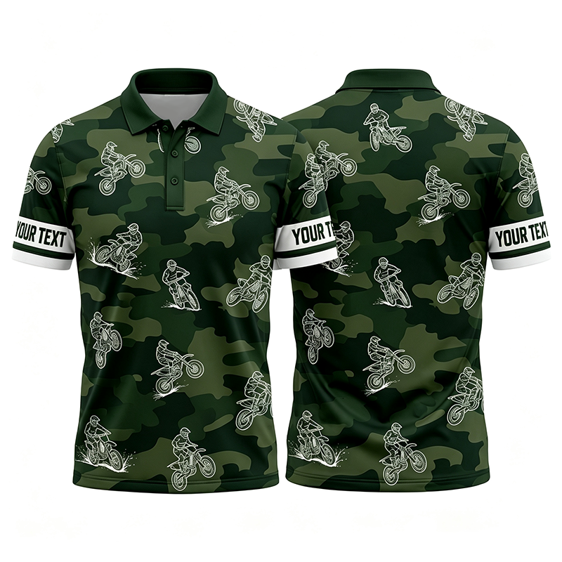 Personalized Green Camo Dirt Bike Sketch Motocross Polo Shirt Custom Sleeve Text All Over Print Double Sided Off-Road Racing Performance Polo