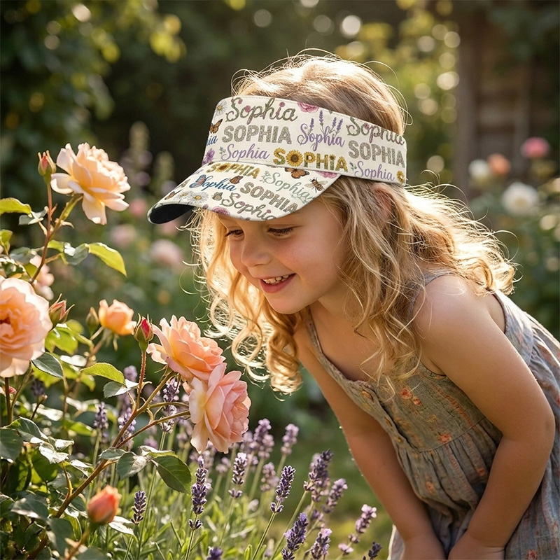Personalized Flower Script Visor Hat Custom Name Teen Girls Sun Cap Beach Inspired Handwritten Letter Pattern Summer Outdoor Accessory