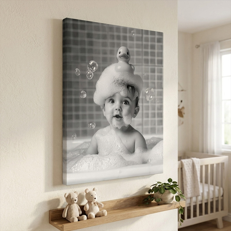 Personalized Baby Bath Time Canvas Art Themed Cute Bubble And Towel Moments Design Custom Photo Black And White Nursery Wall Decor