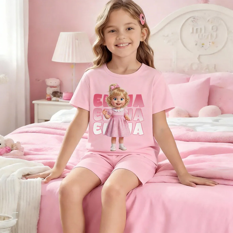 Personalized Cartoon Face Pajama Set, Custom Photo Name Print Girls Crew Neck Short Sleeve Top With Matching Shorts Funny Housewear Suit