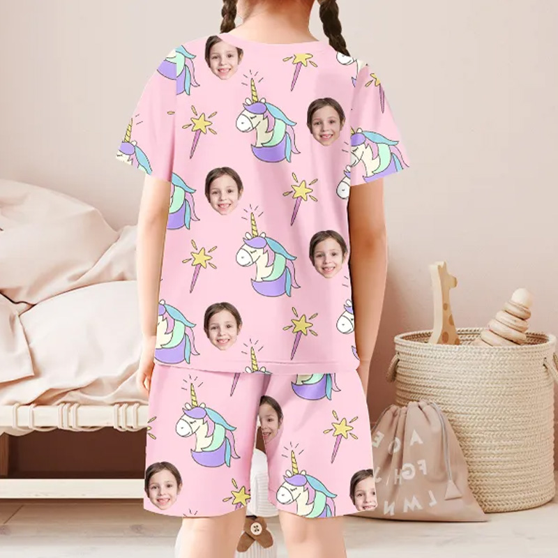 Personalized Face Rainbow Horse Pajamas Crew Neck Short Sleeve Short Pants Red Heart House wear Suit For Kids
