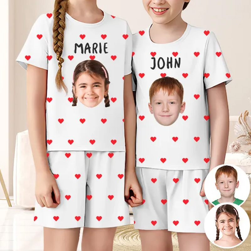 Personalized Face And Name Pajamas Crew Neck Short Sleeve Short Pants Red Heart House-wear Suit For Kids