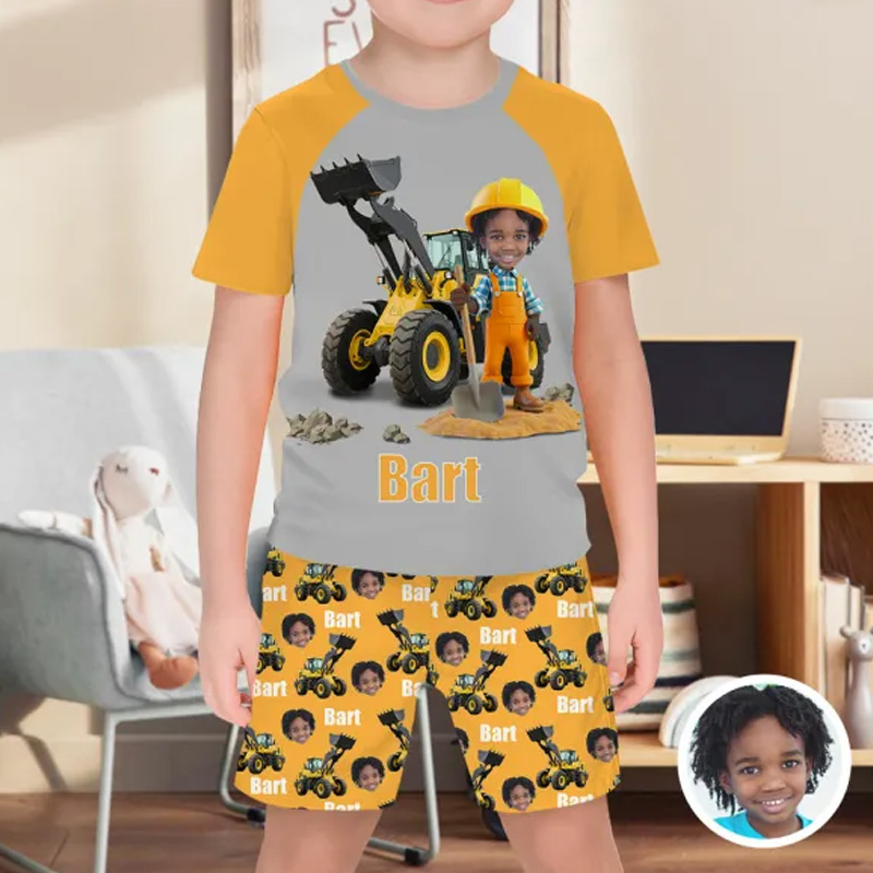 Personalized Photo Excavator Pajamas Crew Neck Short Sleeve Short Pants Face House-wear Suit For Boys For Kids