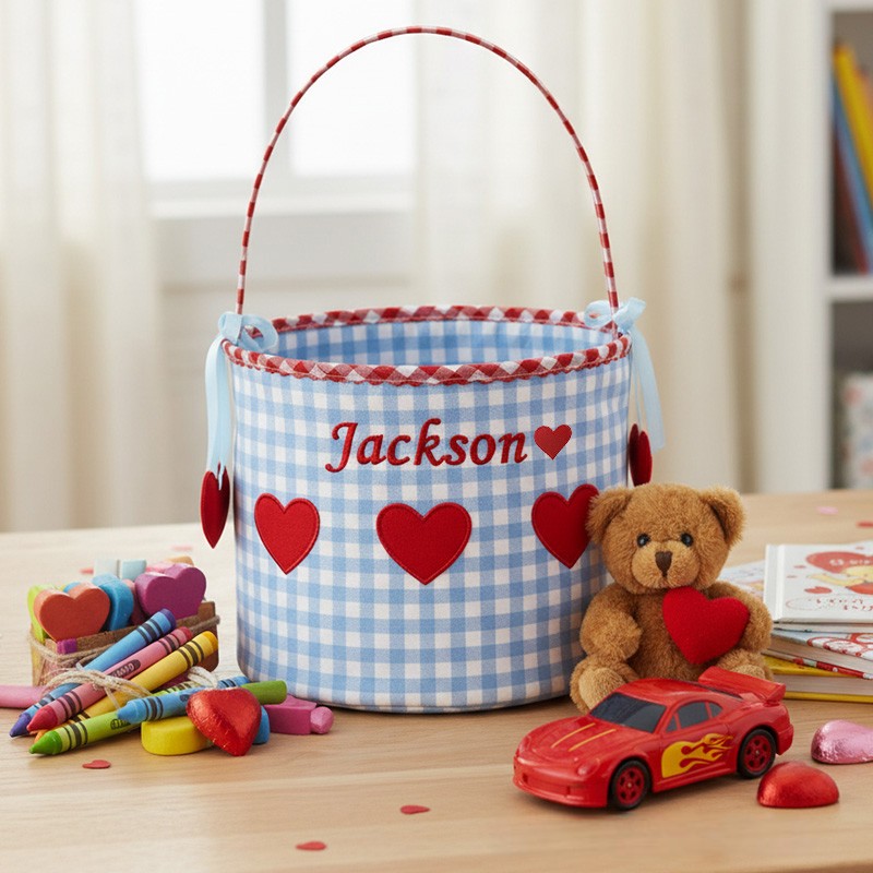 Personalized Gingham Heart Bucket Bag with Embroidered Name Birthday Valentine's Day School Exchange Gift for Kid