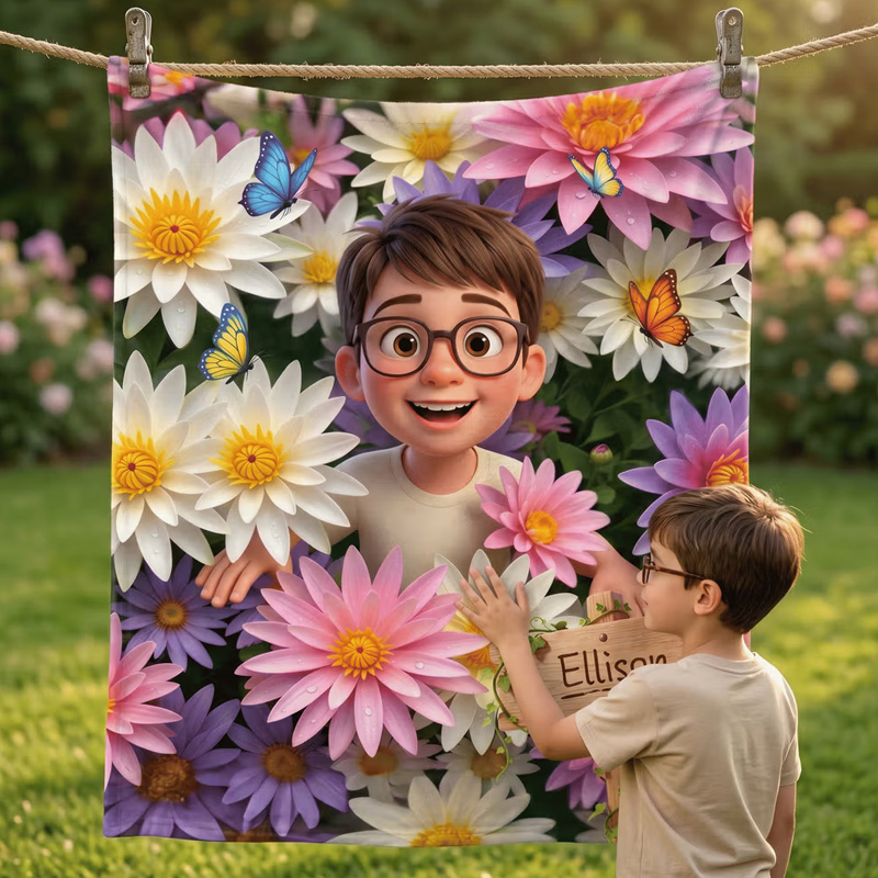 Personalized Birth Flower Cartoon Character Photo Soft Throw Blanket with Name Home Decor Birthday Gift for Kids
