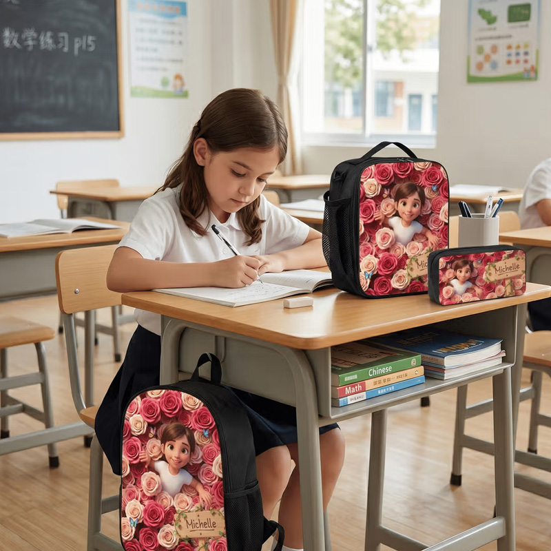 Personalized Birth Flower Photo Backpack Pencil Case Lunch Bag Set with Name Back To School Birthday Gift for Kids Boys Girls