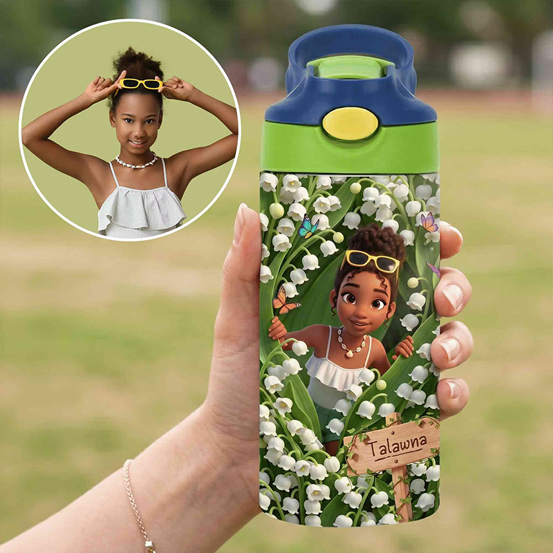 Personalized Birth Flower Water Bottle Themed Magical Garden Adventure Design Custom Kids Photo Leakproof Travel Cup