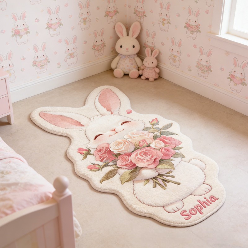 Personalized Rabbit Theme Custom Name Adorable Bunny with Floral Bouquet Cozy Carpet Rug for Kids