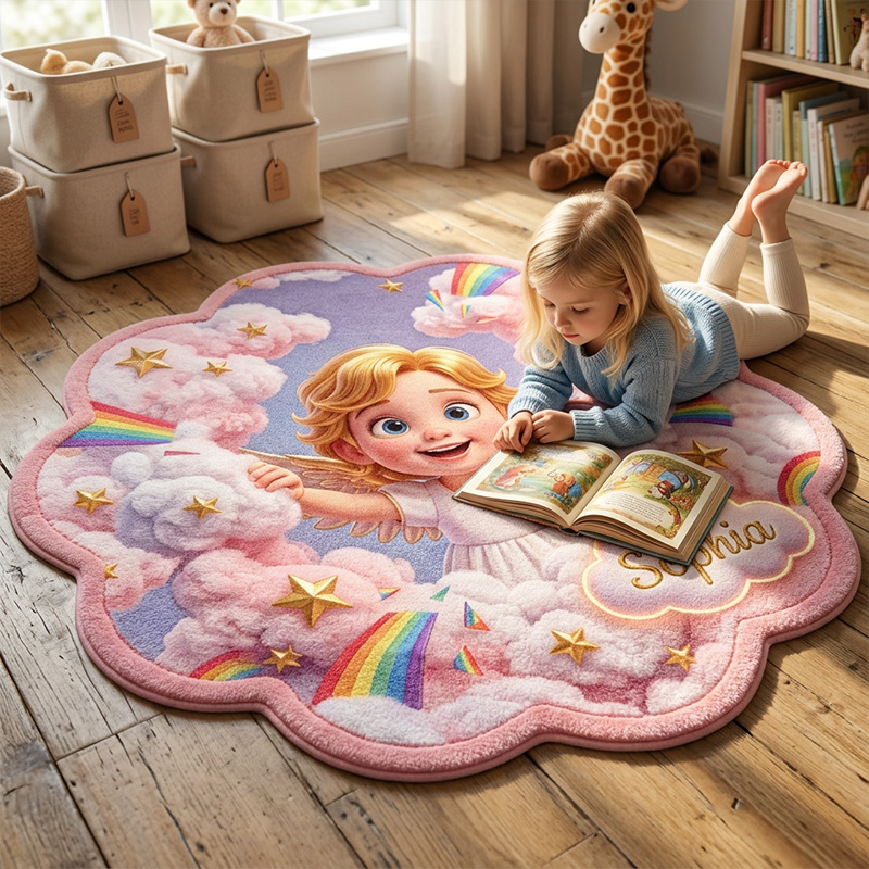 Personalized Angel Rainbow Kids Rug Themed Dreamy Cloud Fantasy Bedroom Decor Design Soft Custom Name Play Mat For Girls