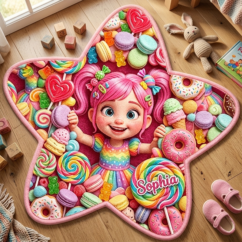 Personalized Candy Fairy Kids Rug Themed Sweet Treat Rainbow Fantasy Bedroom Decor Design Soft Custom Name Star Shaped Play Mat